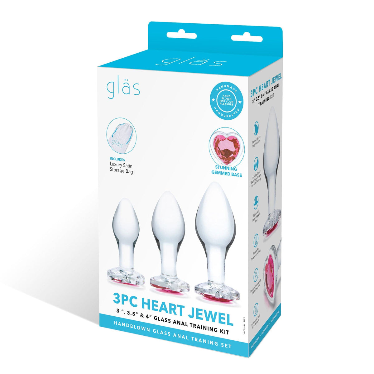 3 pc heart jewel glass anal training kit clear pink