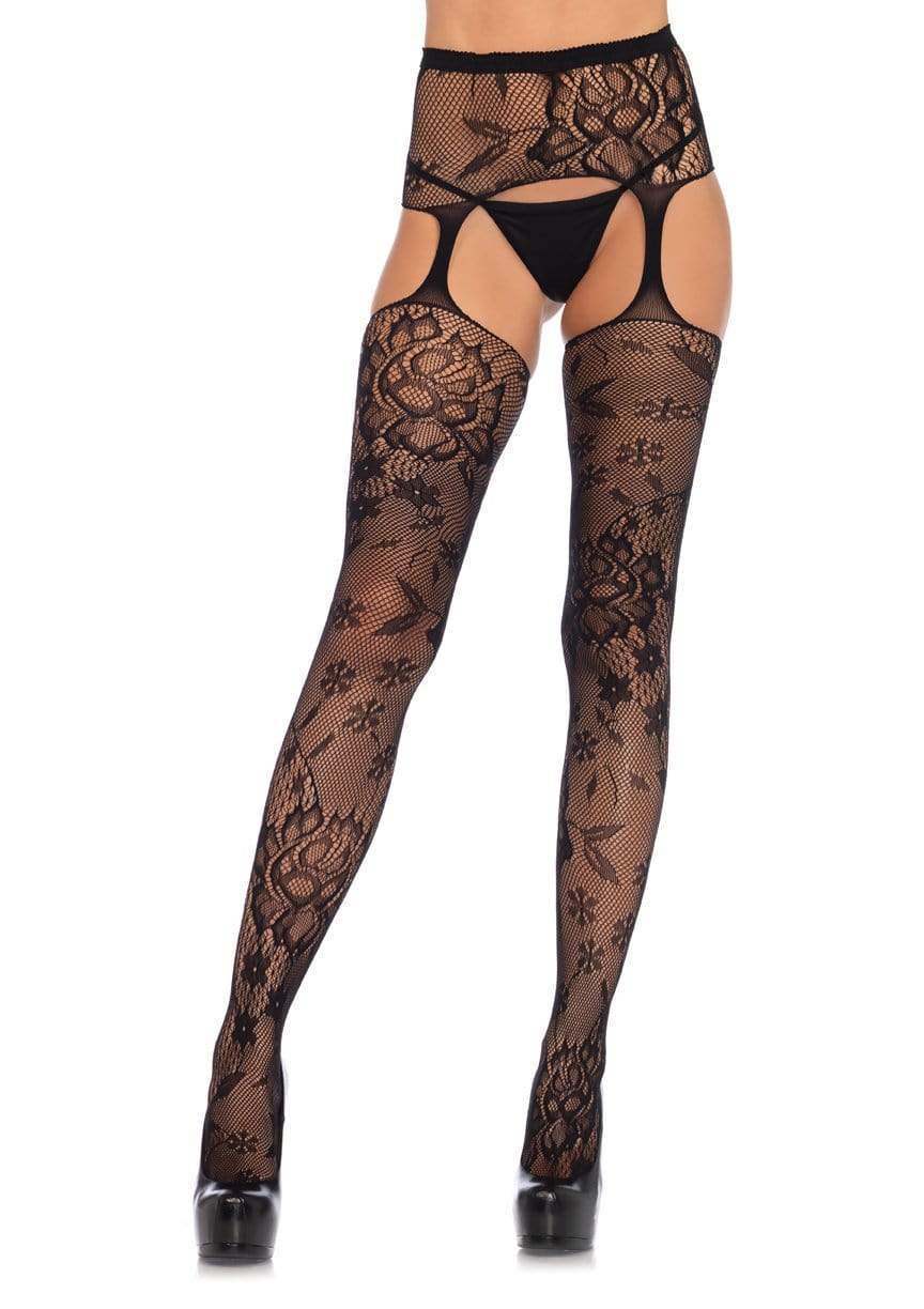 floral lace stockings with attached waist garterbelt black one size
