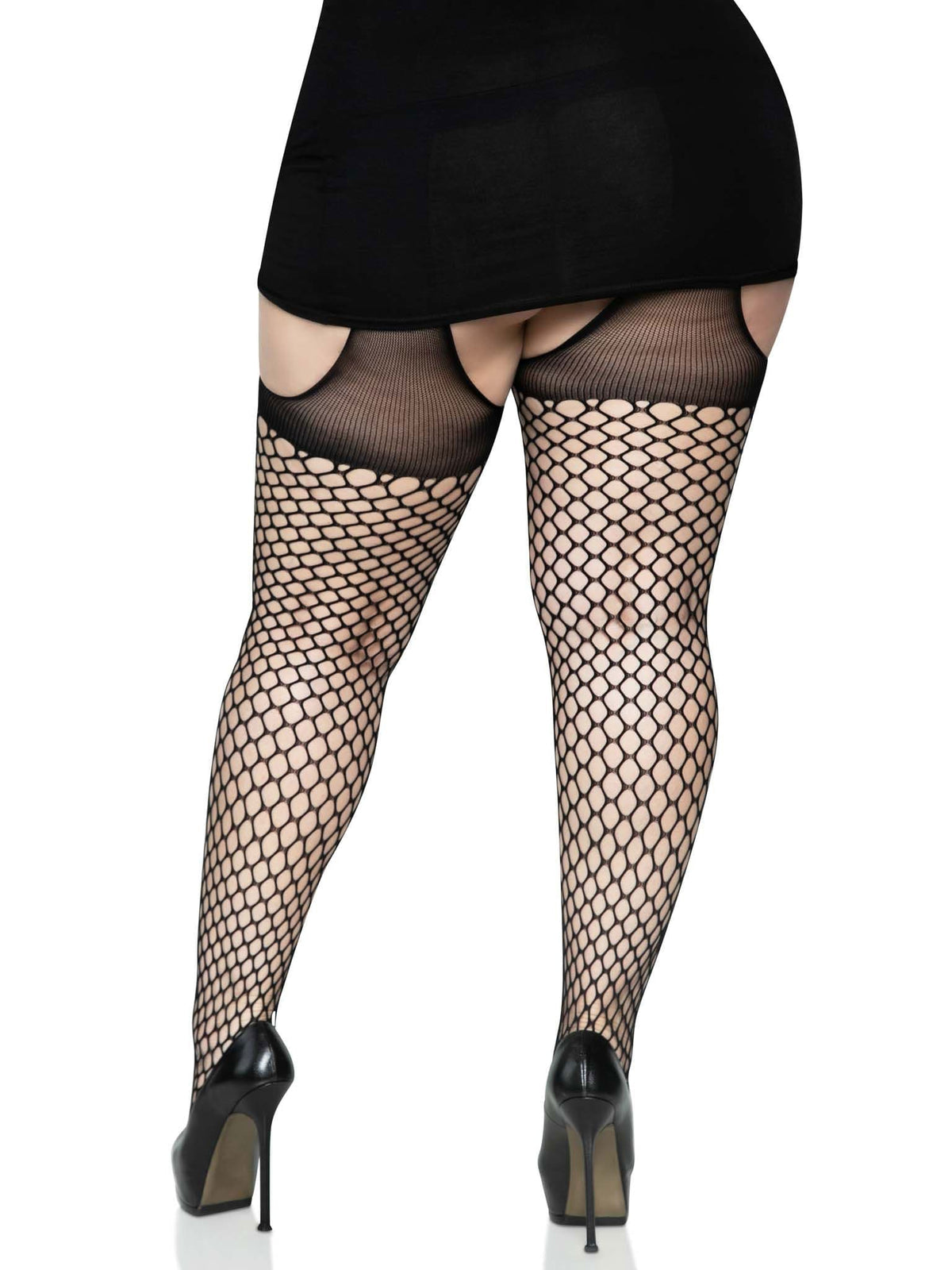 oval net suspender hose with opaque top 1x 2x size black