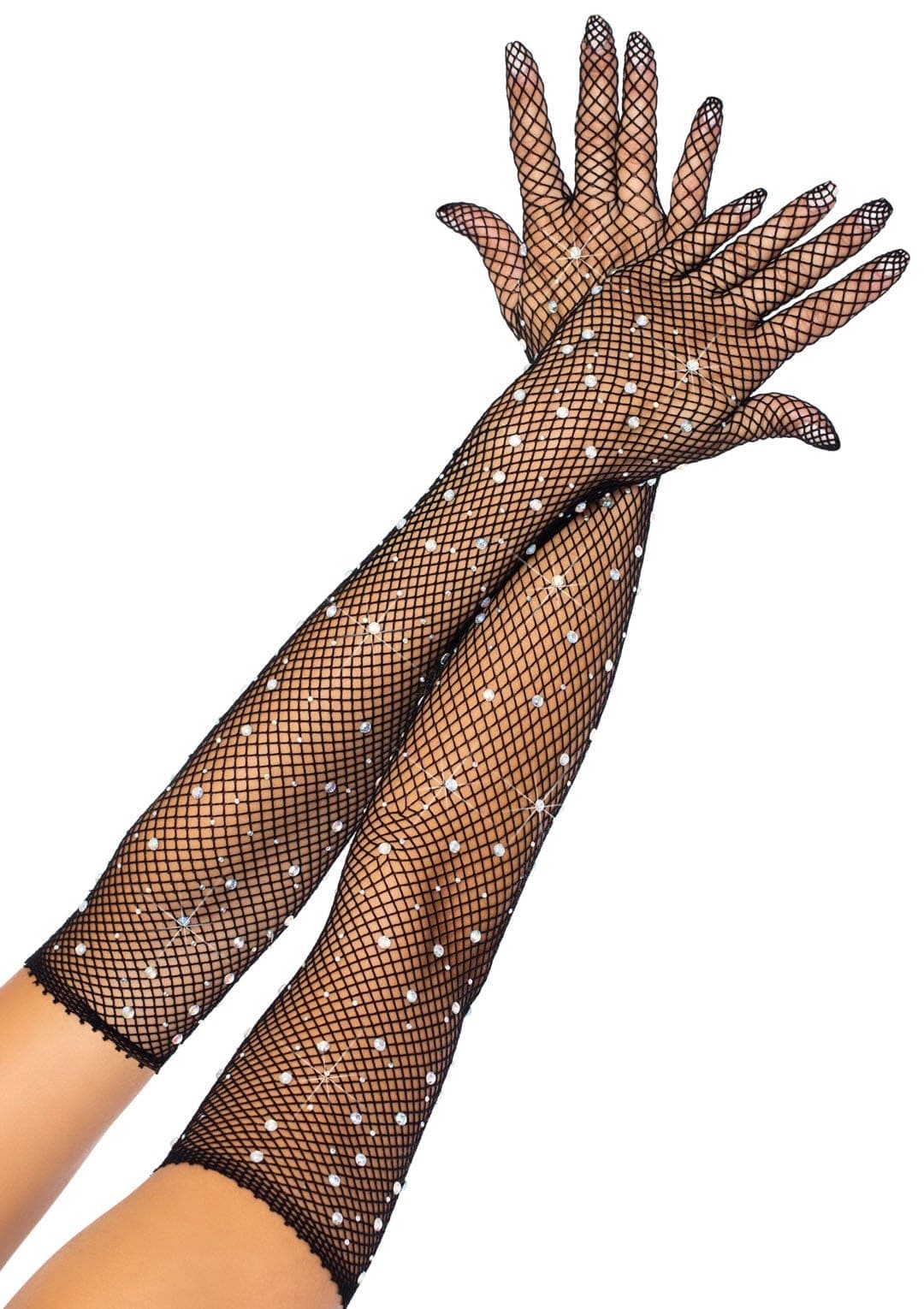 rhinestone fishnet long gloves black