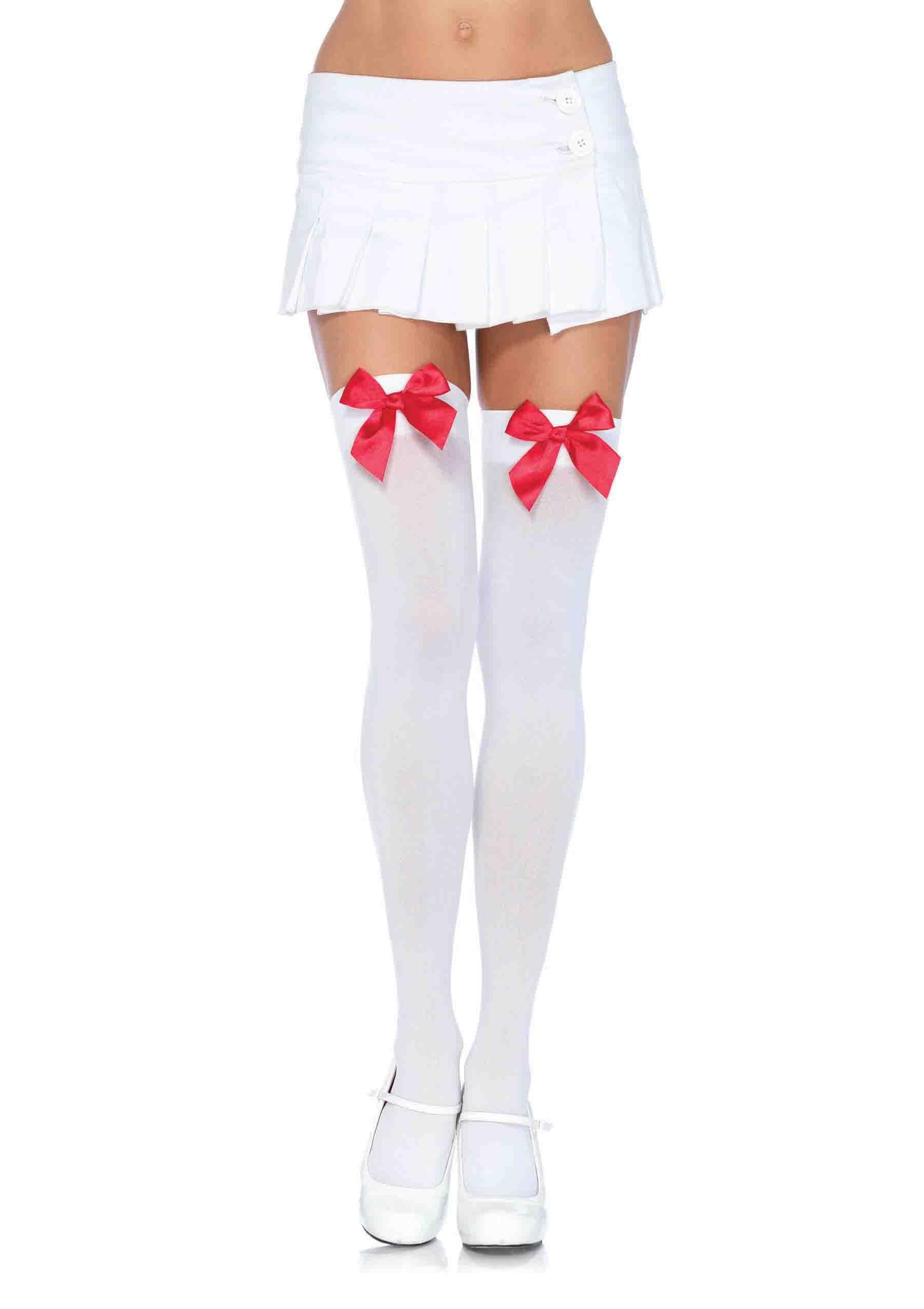 nylon over the knee socks white with red bow
