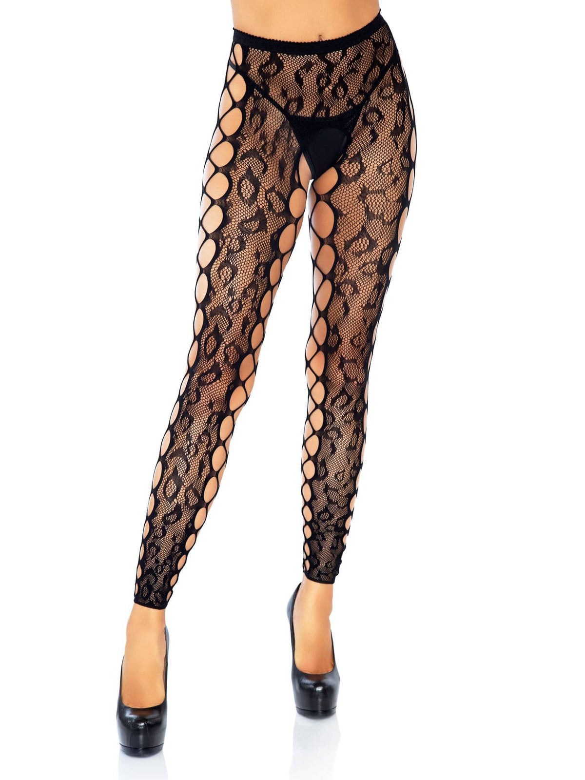footless leopard lace crotchless tights black