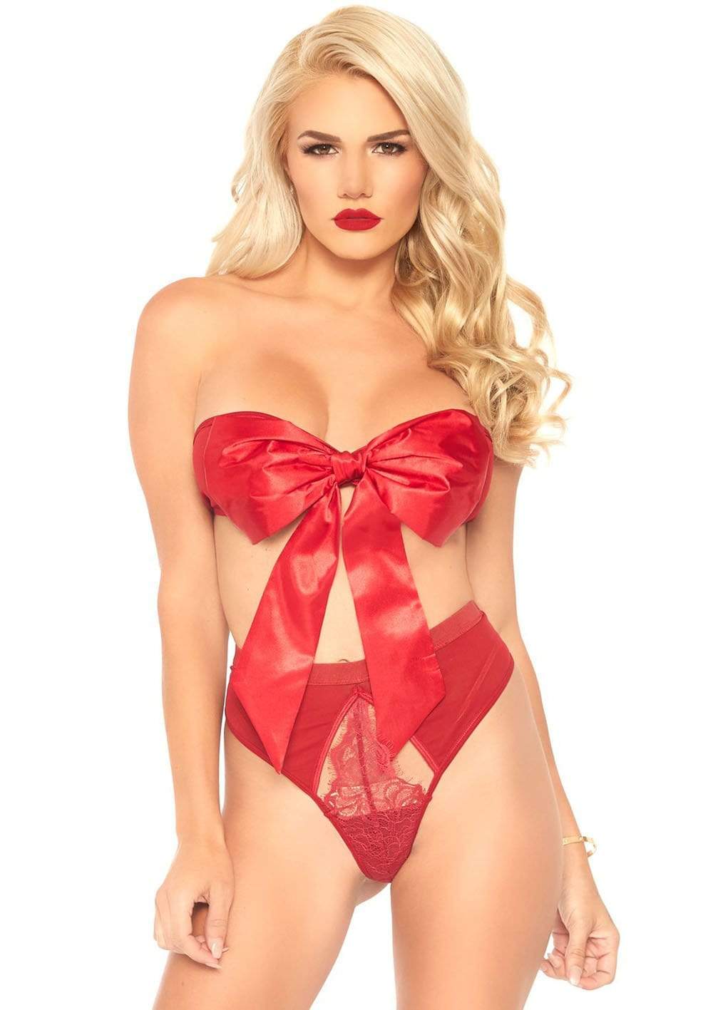 2 pc satin ribbon gift bandeau with hook n eye back and matching g string red large