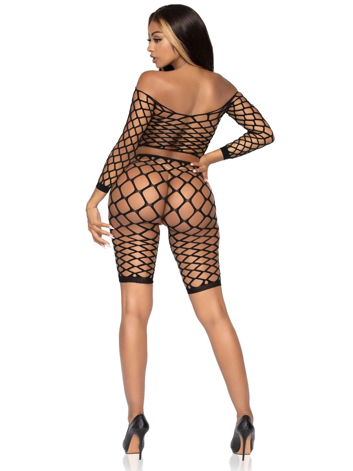 2 pc net crop top and bike shorts one size black