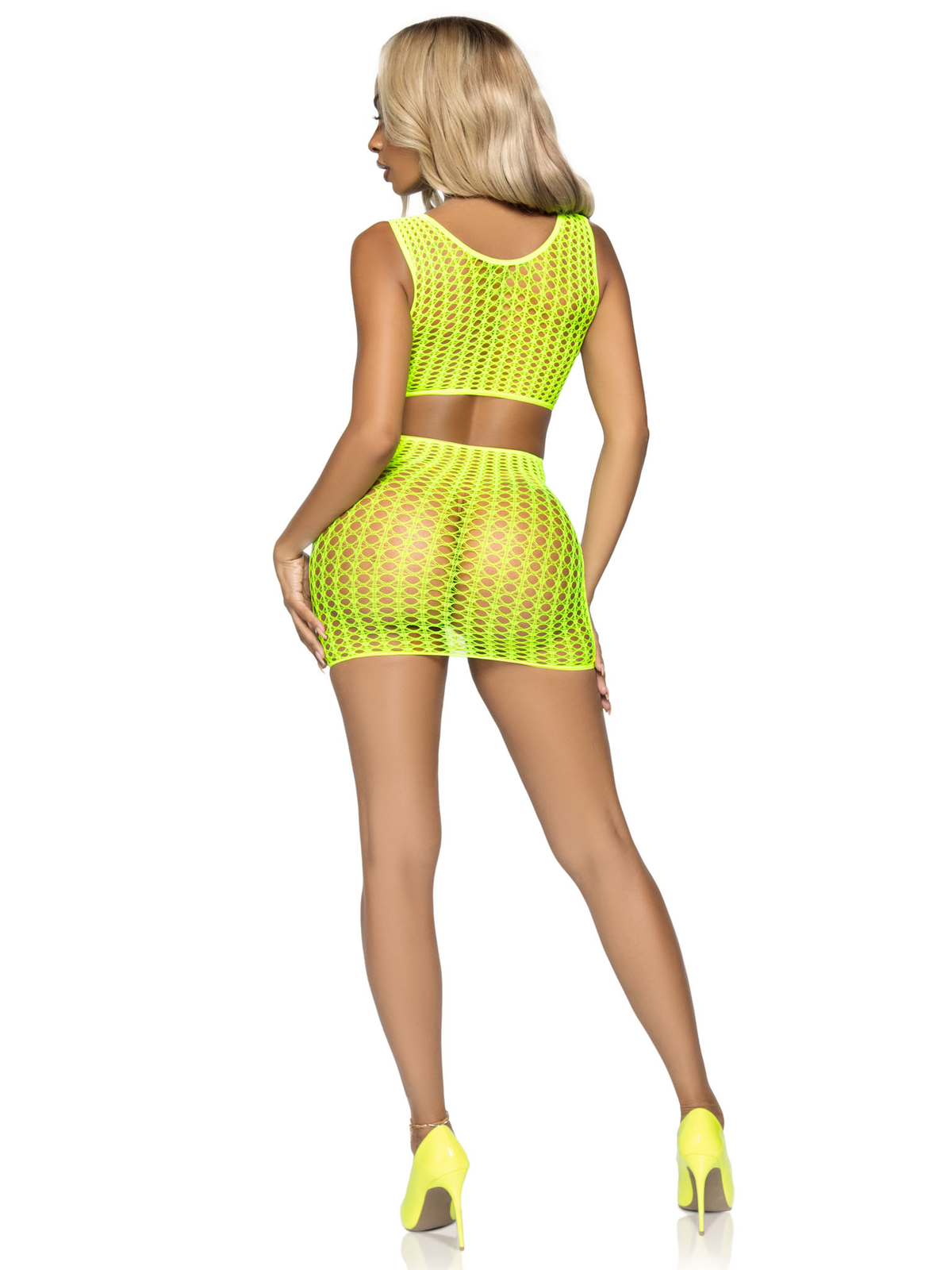 2 pc crochet net crop top and mini skirt one size neon yellow