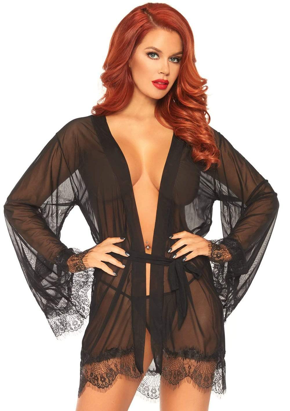 3 Pc Sheer Short Robe With Eyelash Lace Trim and Flared Sleeves - Black - Xl Default Title