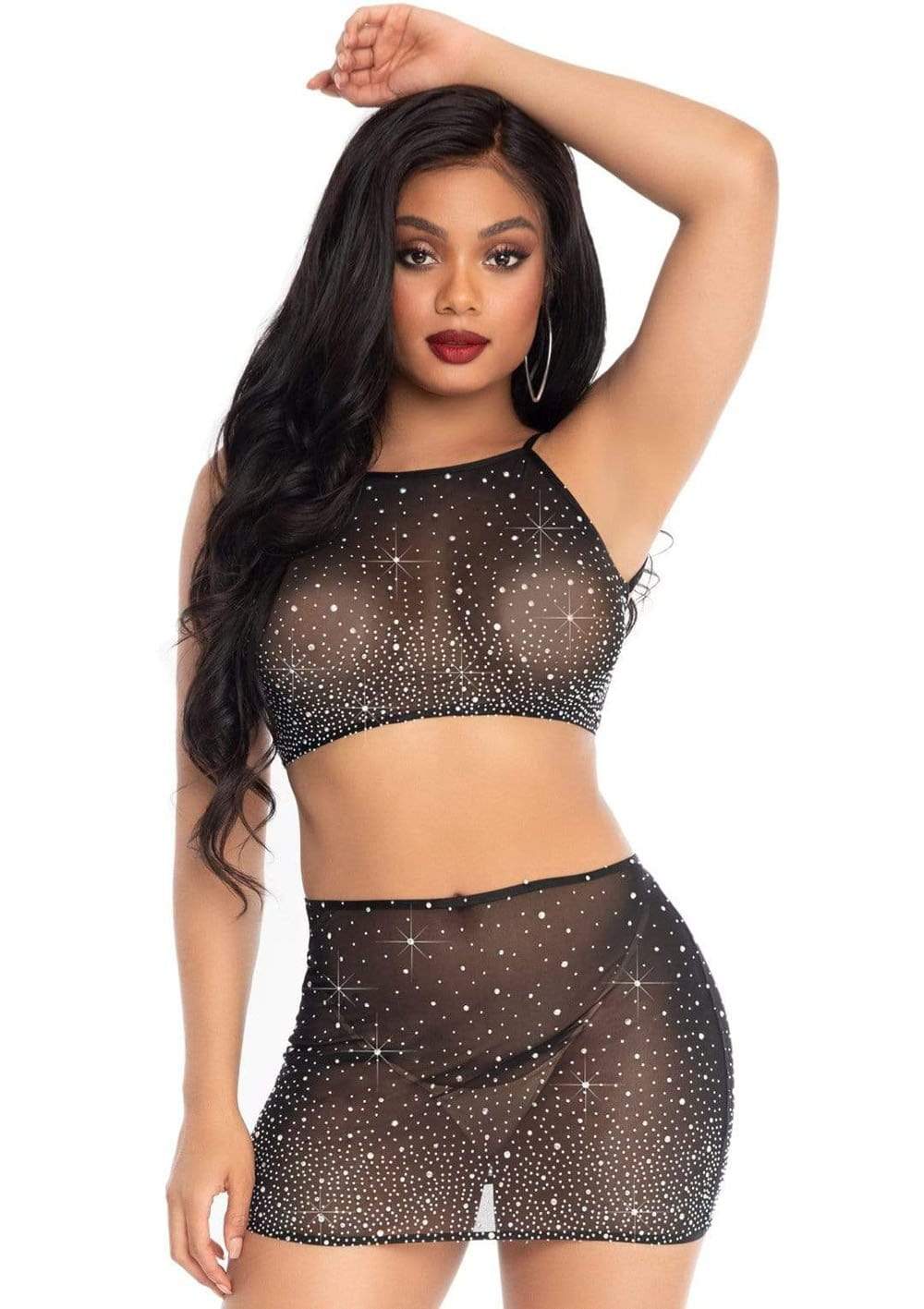 2 Pc Rhinestone Crop Top and Mini Skirt - Black - Large Default Title