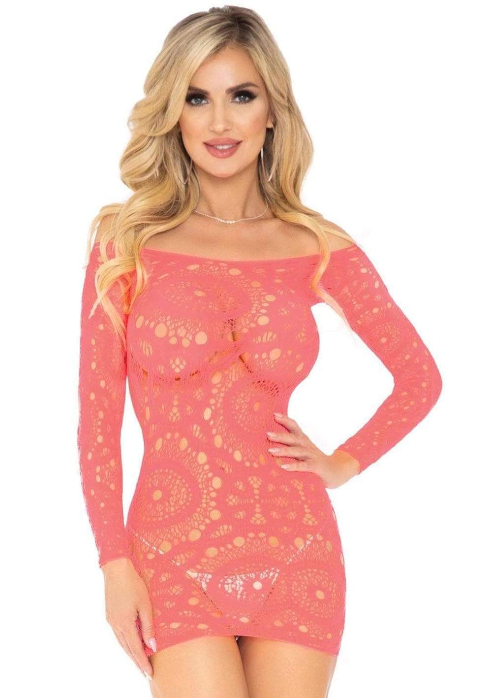 crochet lace long sleeve mini dress coral one size