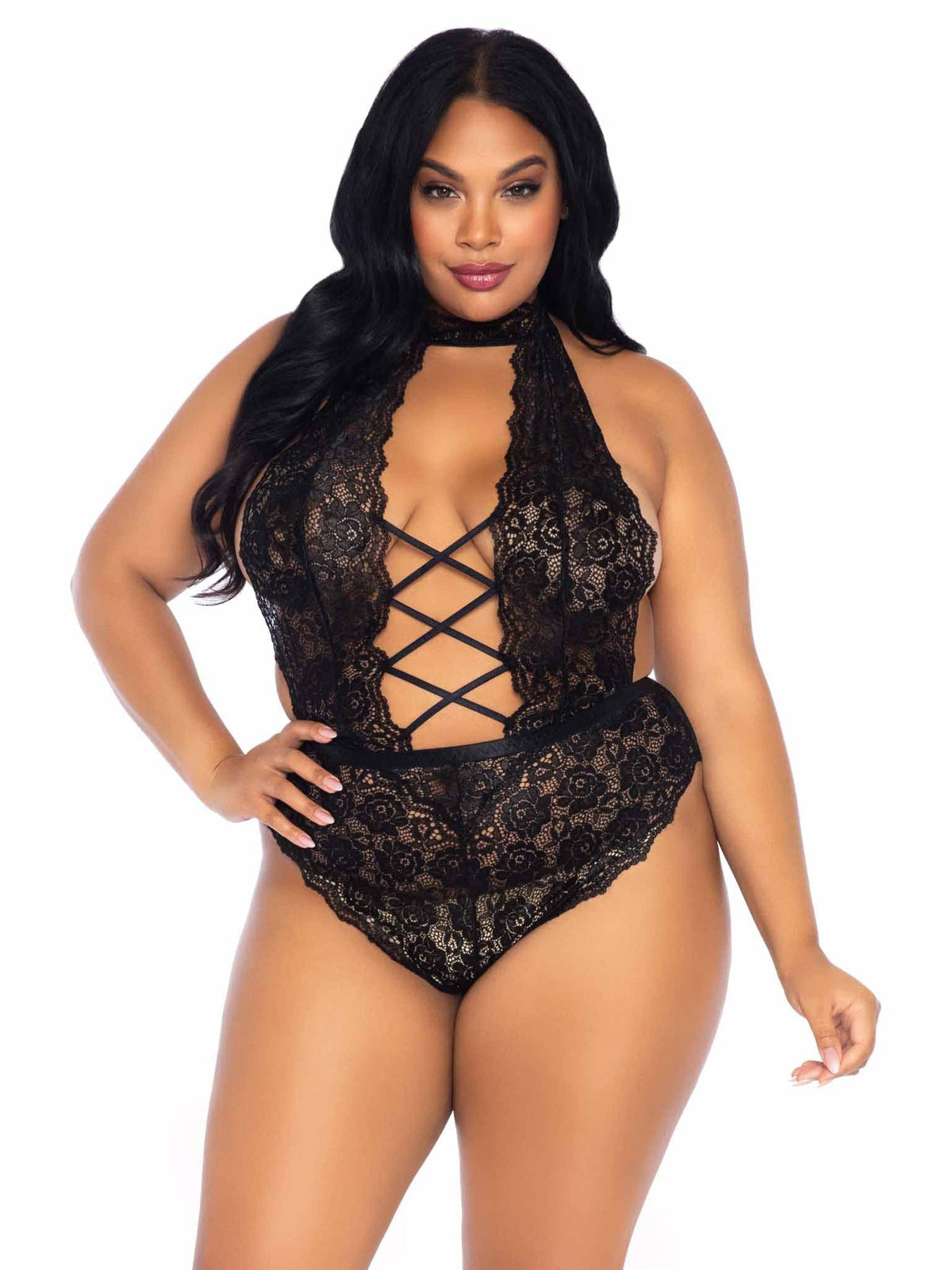 floral lace crotchless teddy 1x 2x black