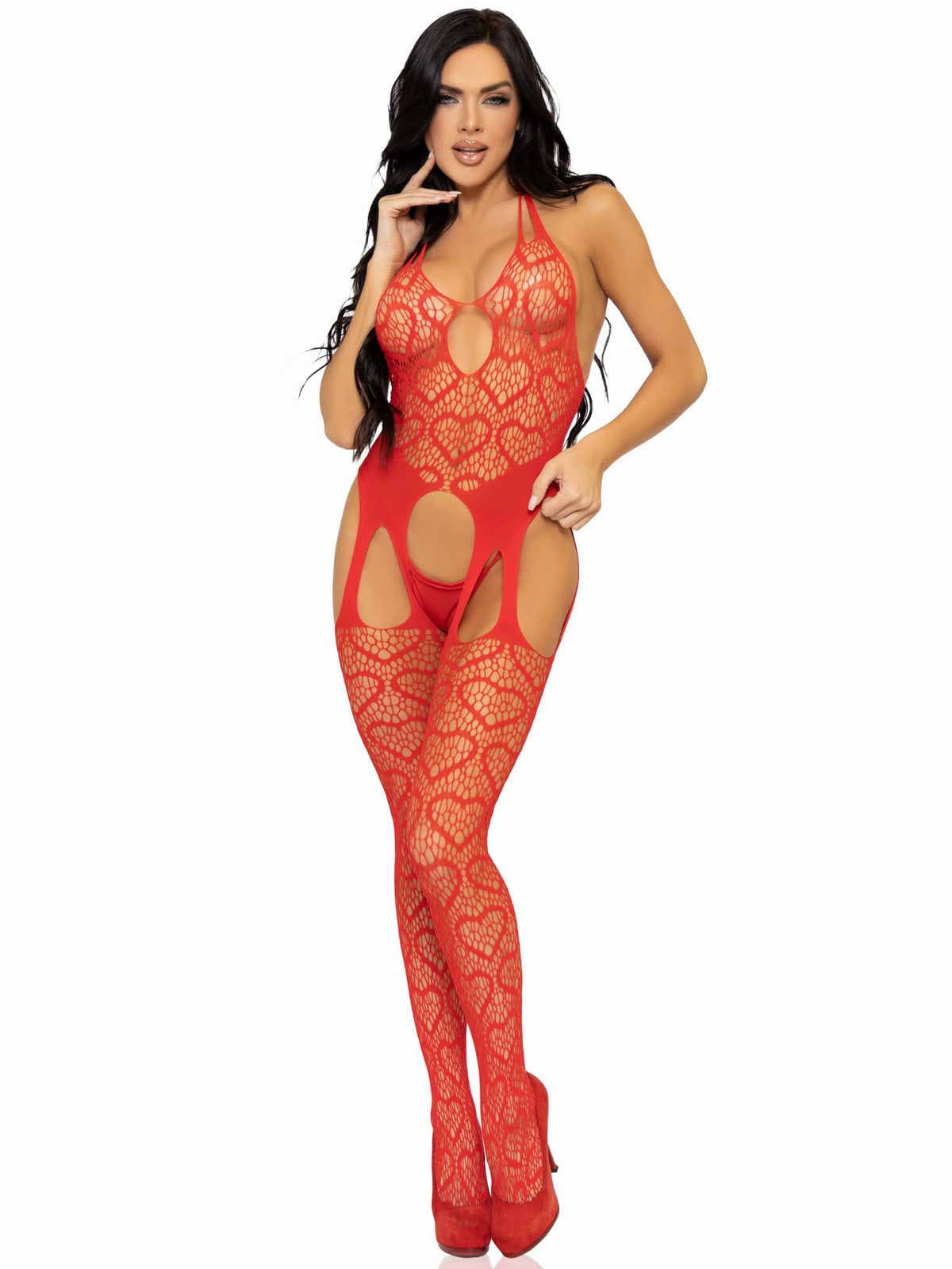 seamless heart net suspender bodystocking one size red