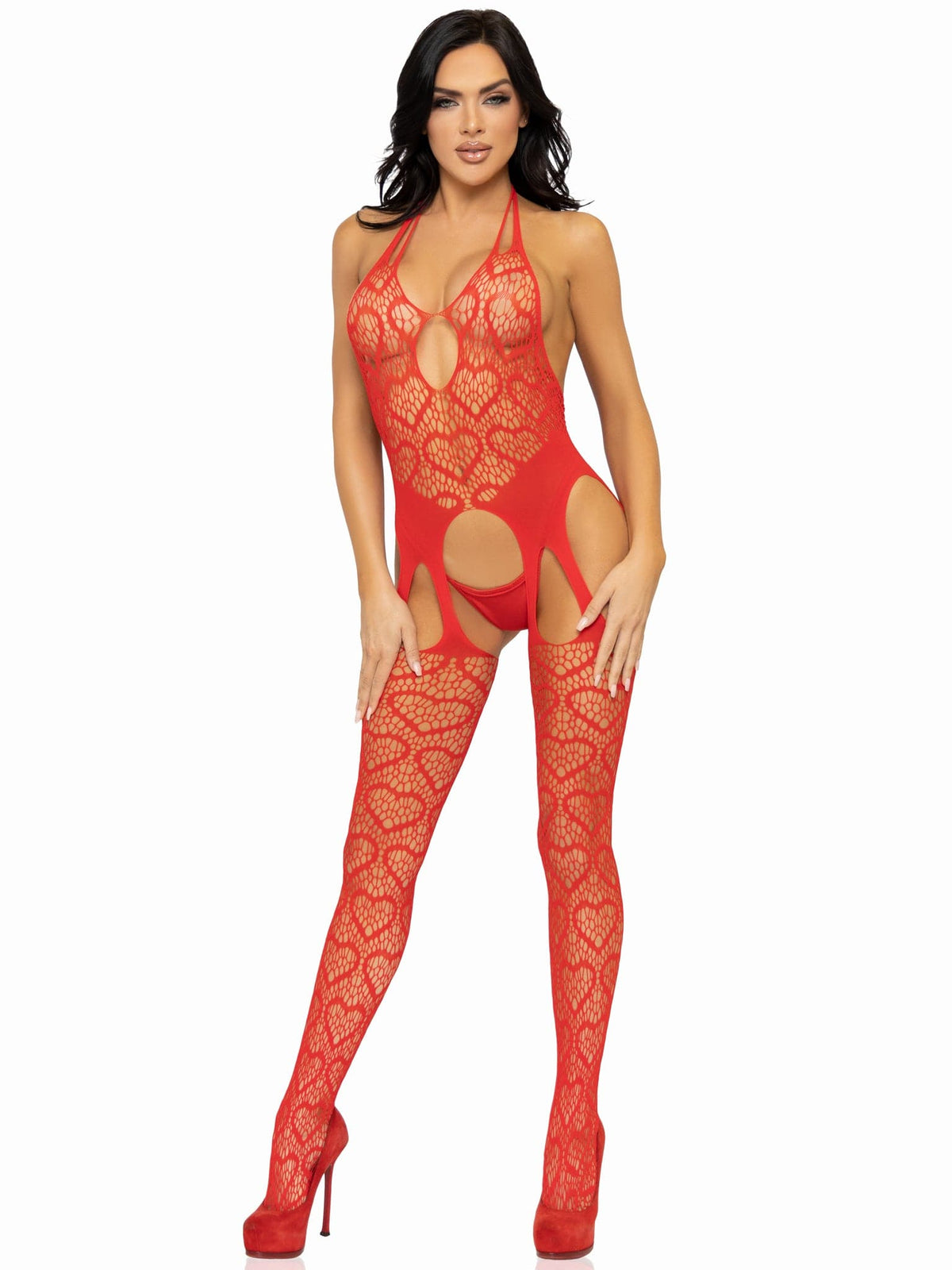 seamless heart net suspender bodystocking one size red