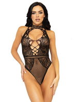 Net and Lace Keyhole Halter Bodysuit - One Size - Black Default Title