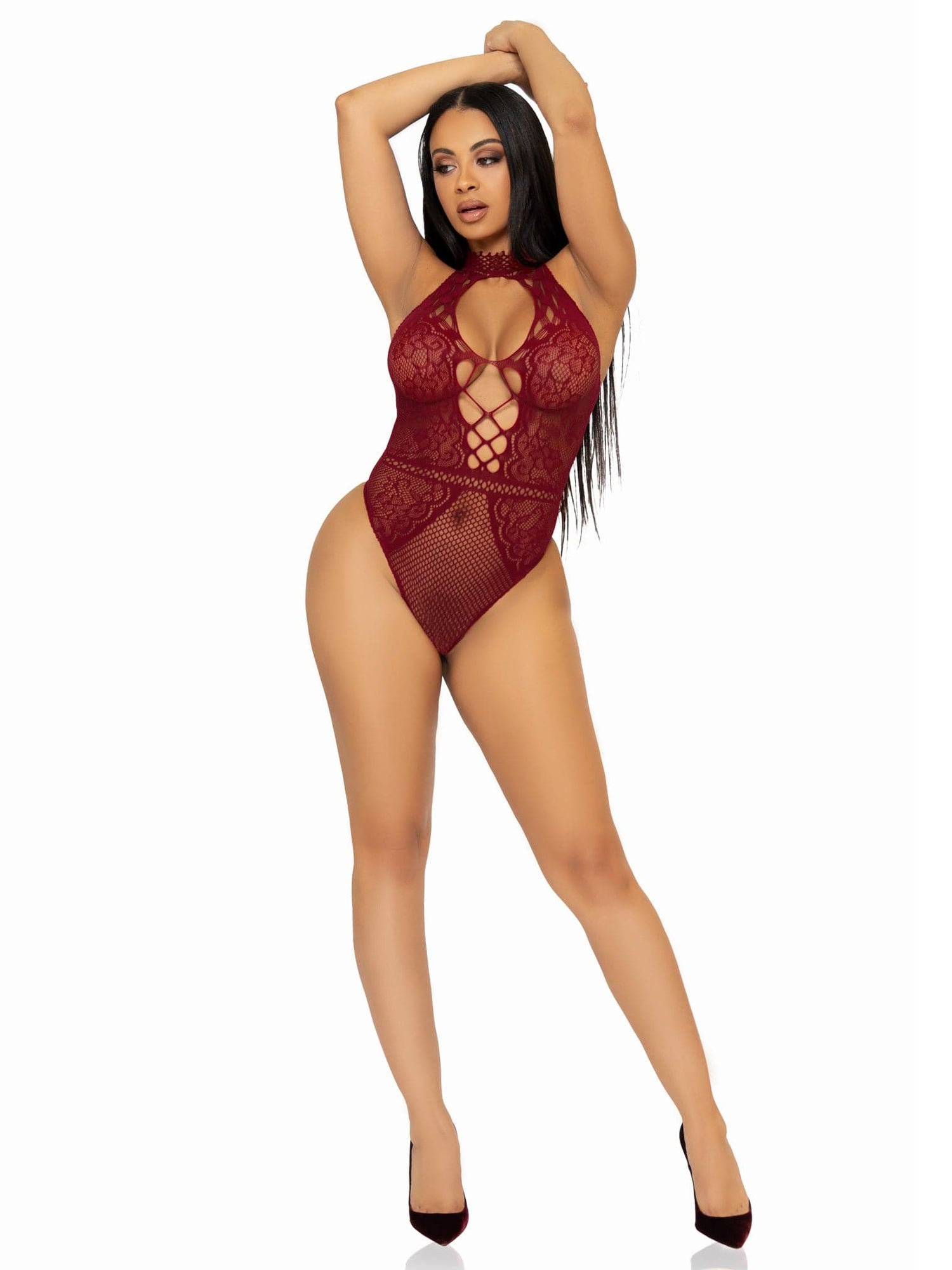 Net and Lace Keyhole Halter Bodysuit - One Size - Burgundy Default Title