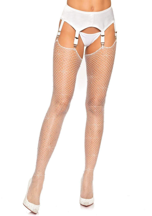 rhinestone fishnet stockings one size white
