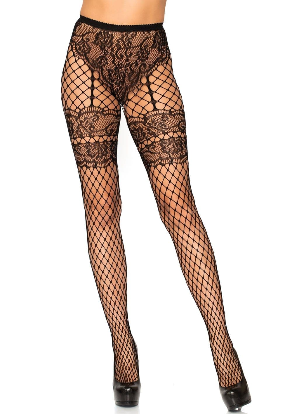 lace french cut faux garter net tights one size black