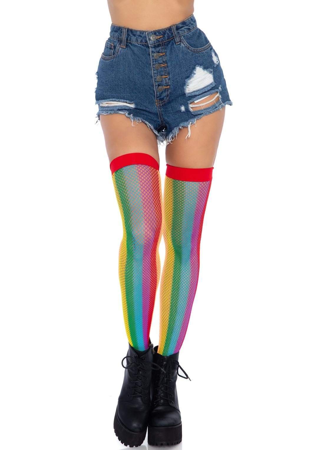 rainbow fishnet thigh highs one size multicolor