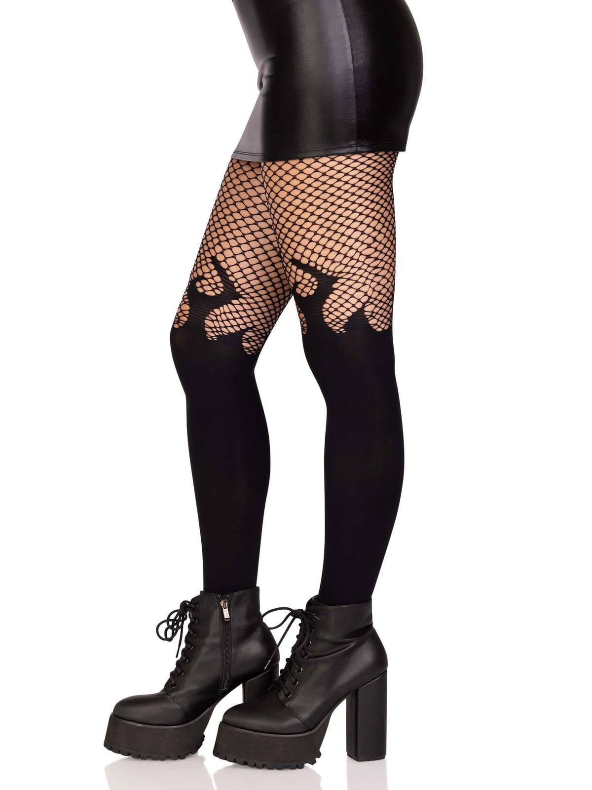 opaque flame tights with fishnet top one size black