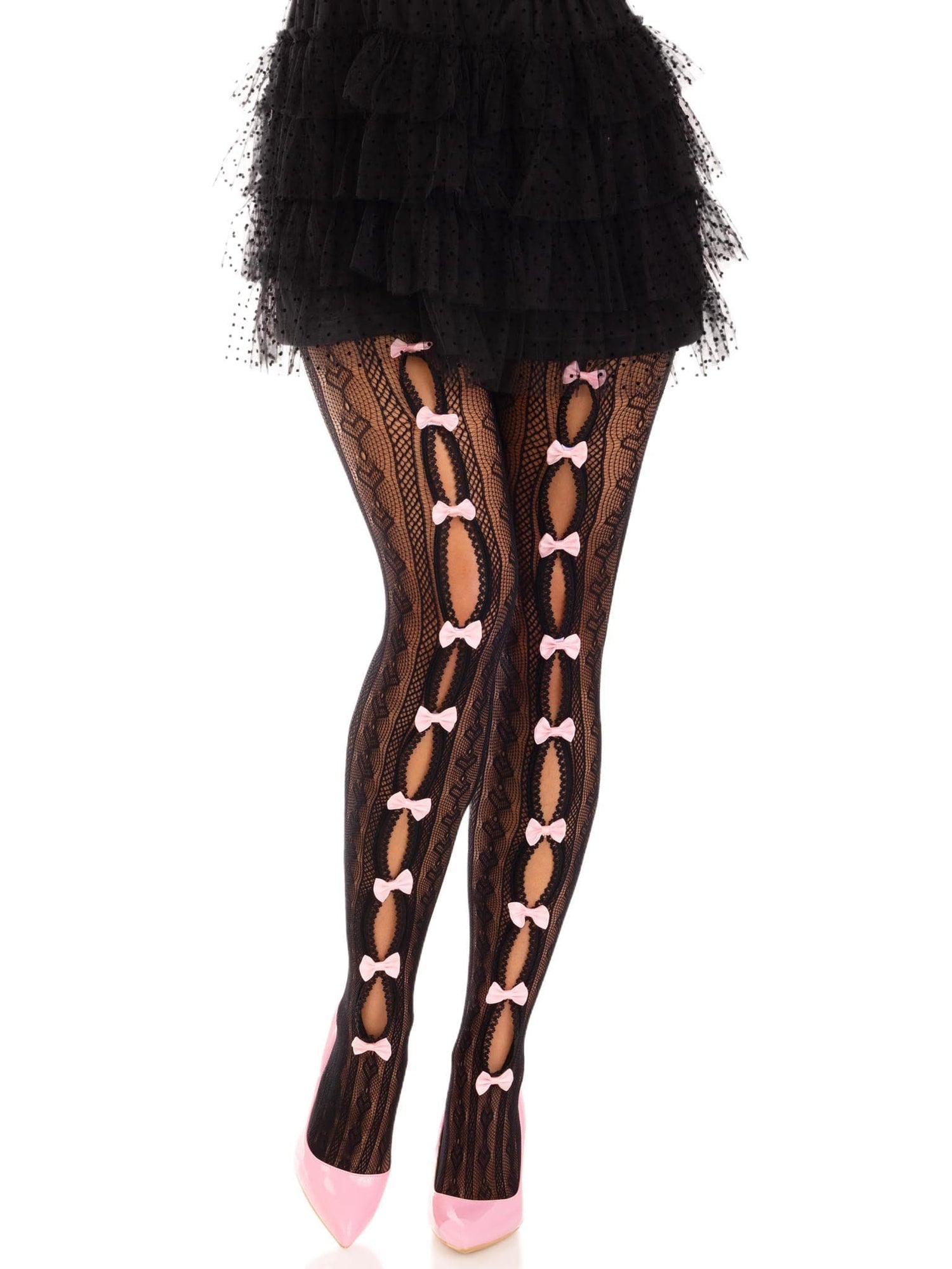 Sweetheart Striped Net Tights With Keyhole and Mini Bow Detail - One Size - Black Default Title