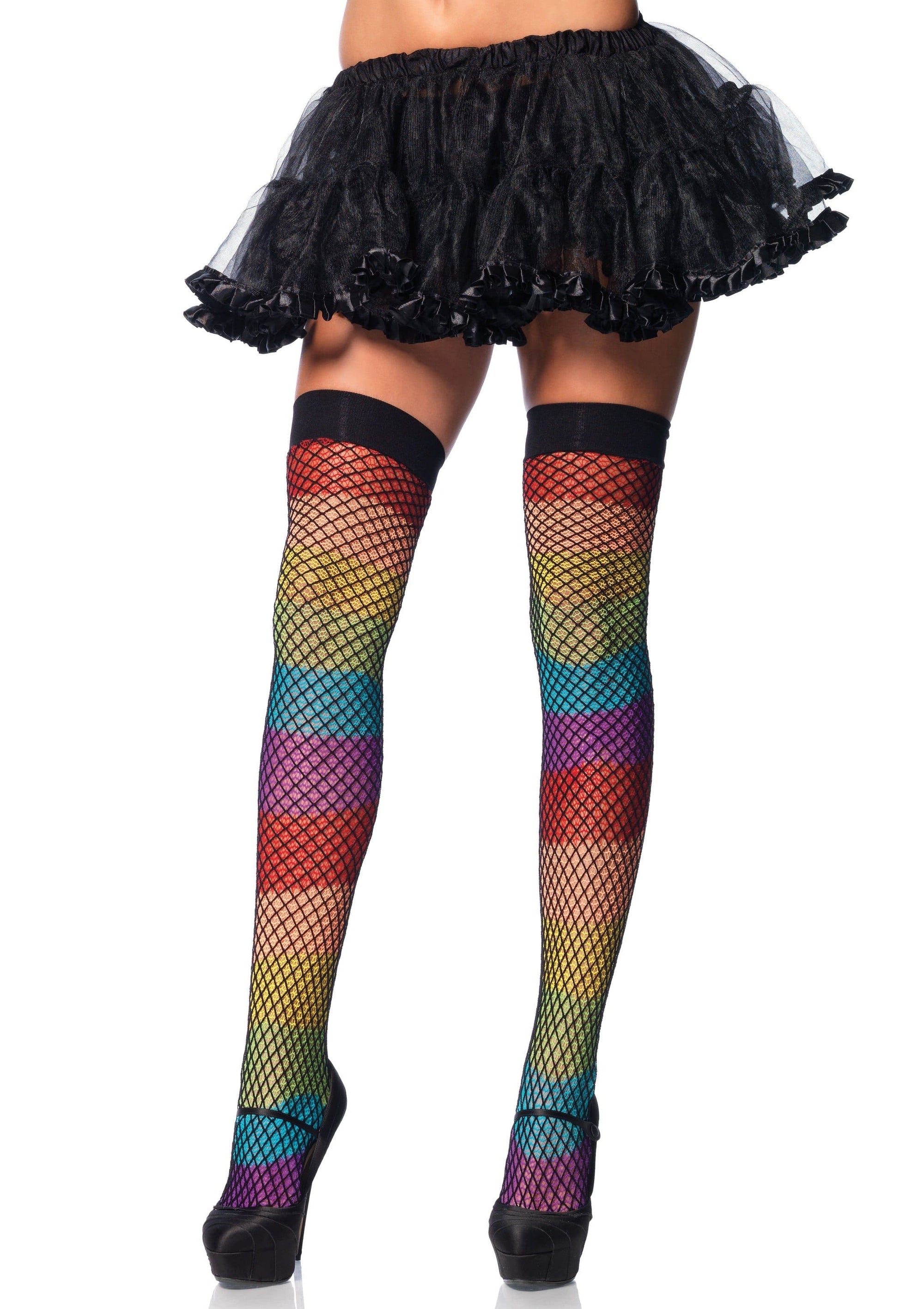 rainbow thigh highs with fishnet overlay one size