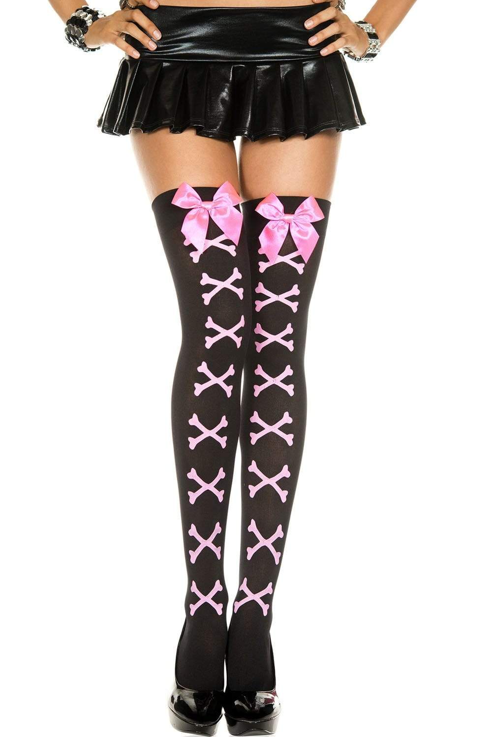 Cross Bone and Satin Bow Opaque Thigh Hi - One Size - Black - Pink Default Title
