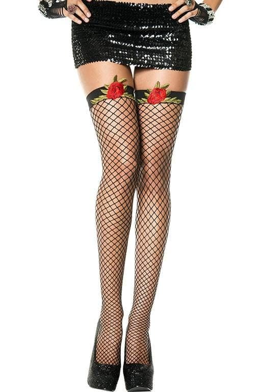 Rose Applique Spandex Mini Diamond Net Thigh Hi - One Size - Black-red Default Title