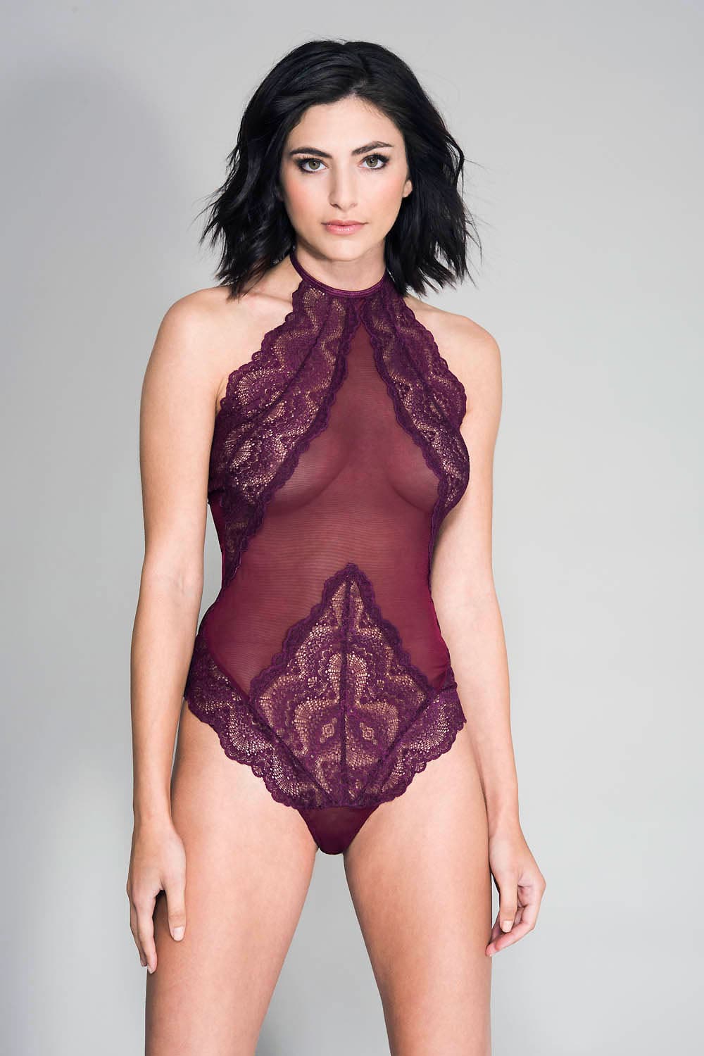 high neck scalloped trim lace teddy with sheer back one size burgundy