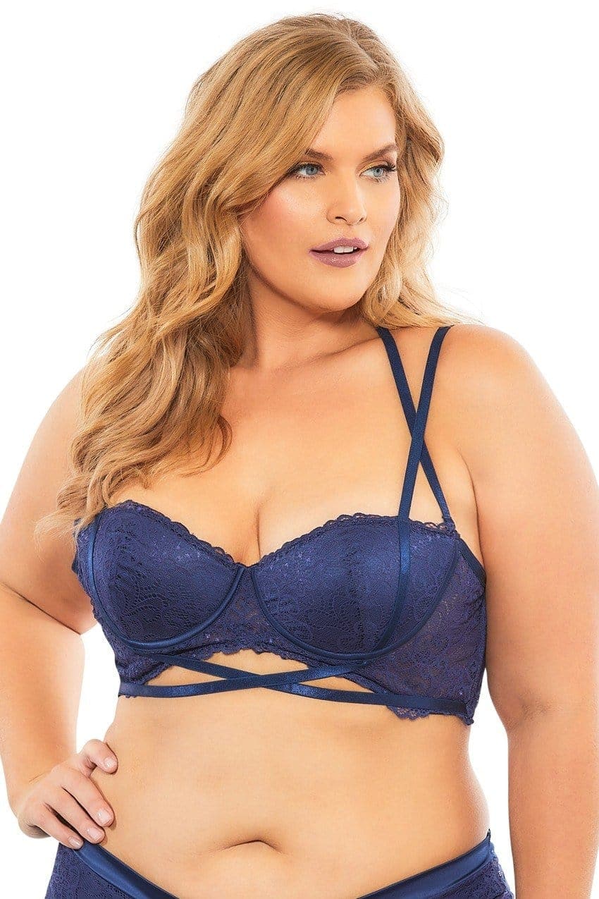 lace push up balconette bra with crossing halter straps estate blue 1x