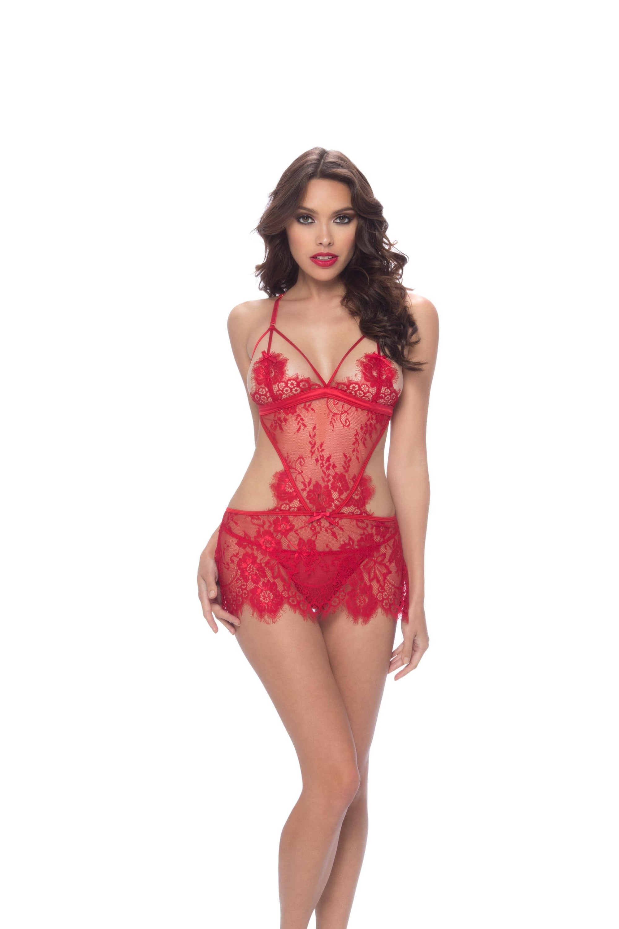 eyelash lace apron babydoll with tie back g string small medium red