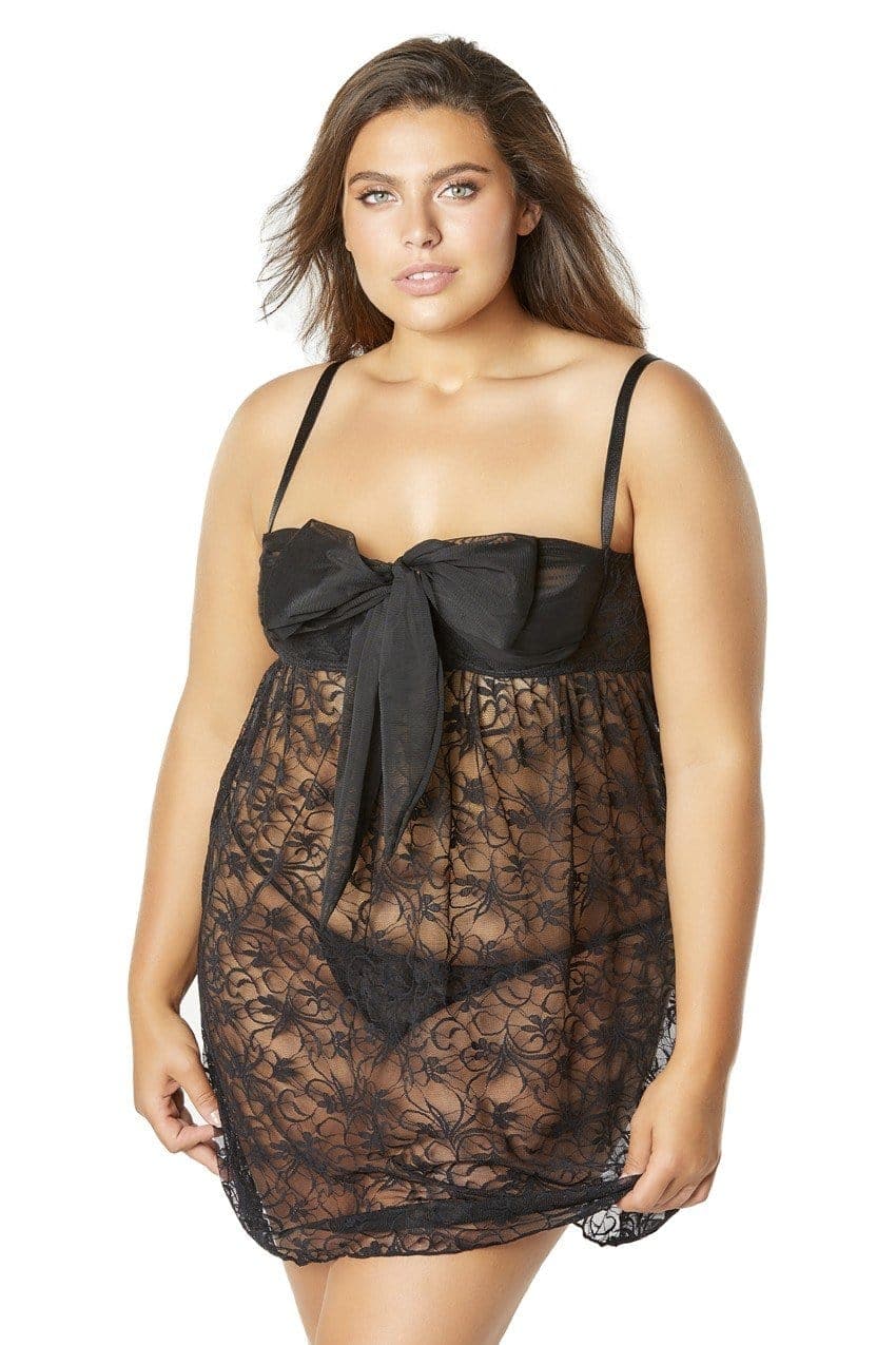 lace empire babydoll with functional tie shelf cups g string black 1x 2x