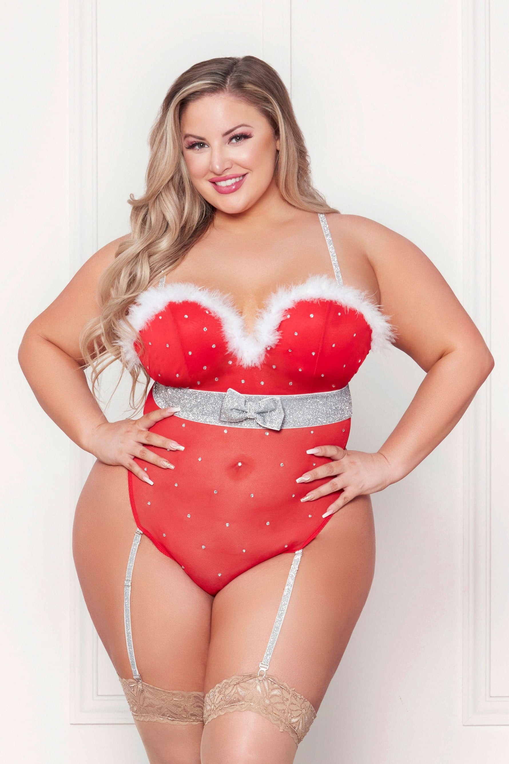Rhinestone Studded Mesh Teddy With Marabou Trim - 3x-4x - Red Default Title