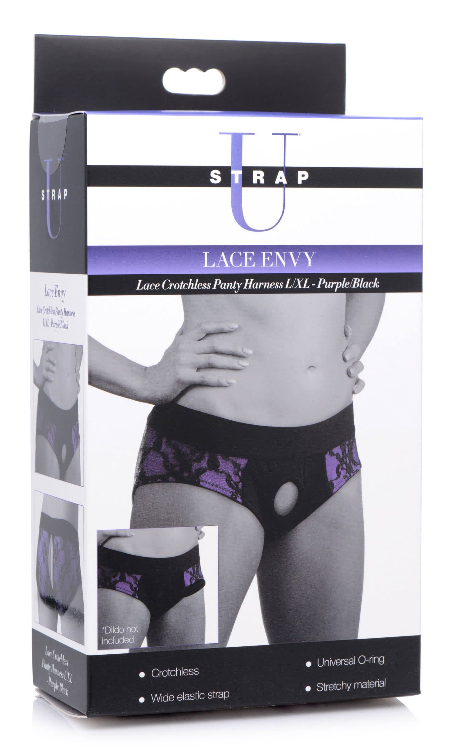 lace envy crotchless panty harness l xl purple and black