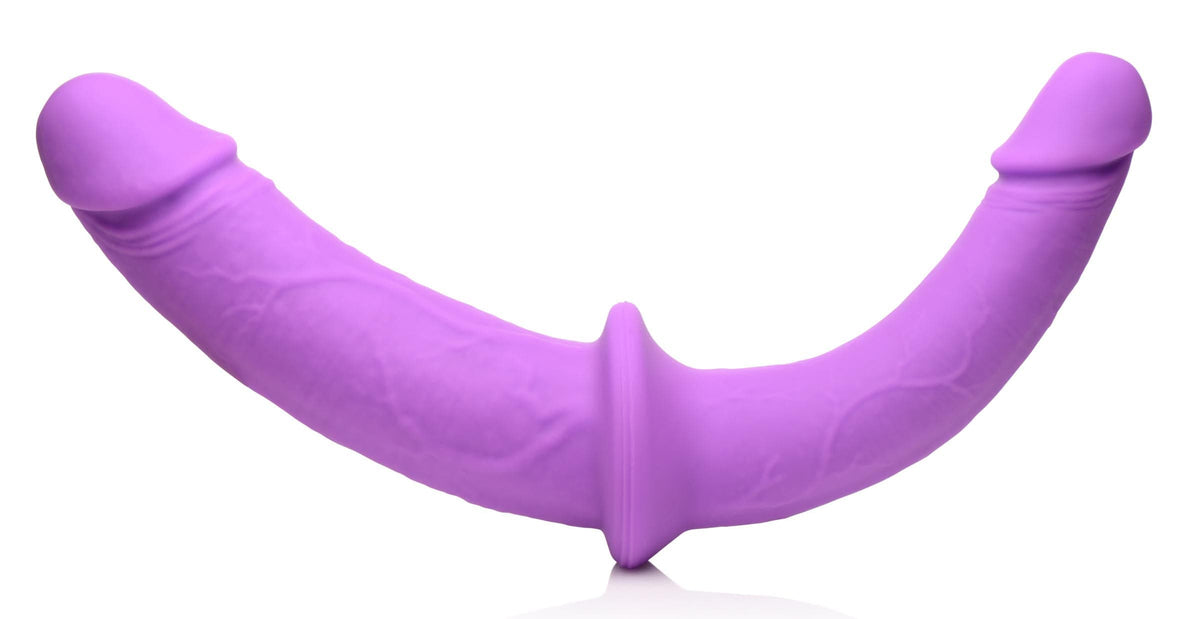 double charmer silicone double dildo with harness purple