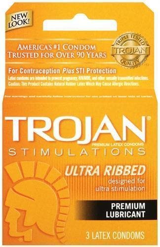 trojan stimulations ultra ribbed lubricated condoms 3 pack