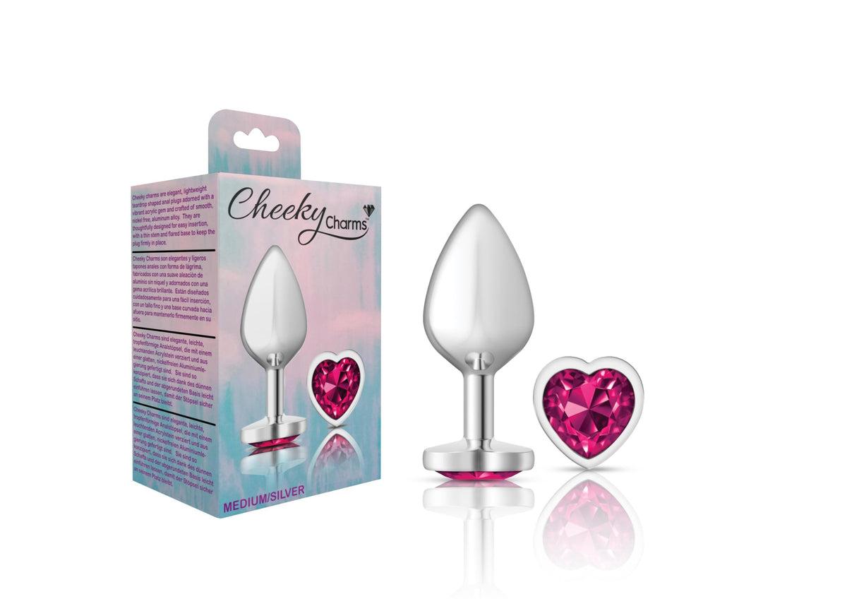 cheeky charms silver metal butt plug heart bright pink medium