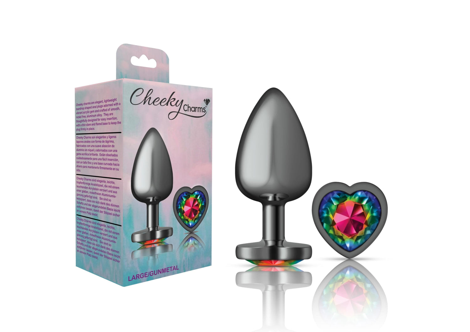 Cheeky Charms - Gunmetal Metal Butt Plug - Heart - Rainbow - Large
