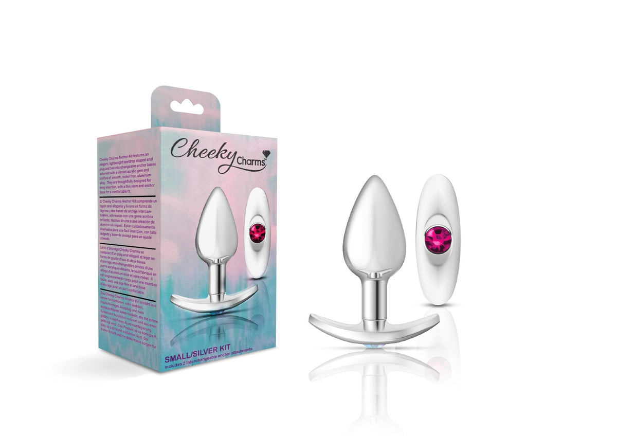 cheeky charms silver metal butt plug kit clear bright pink