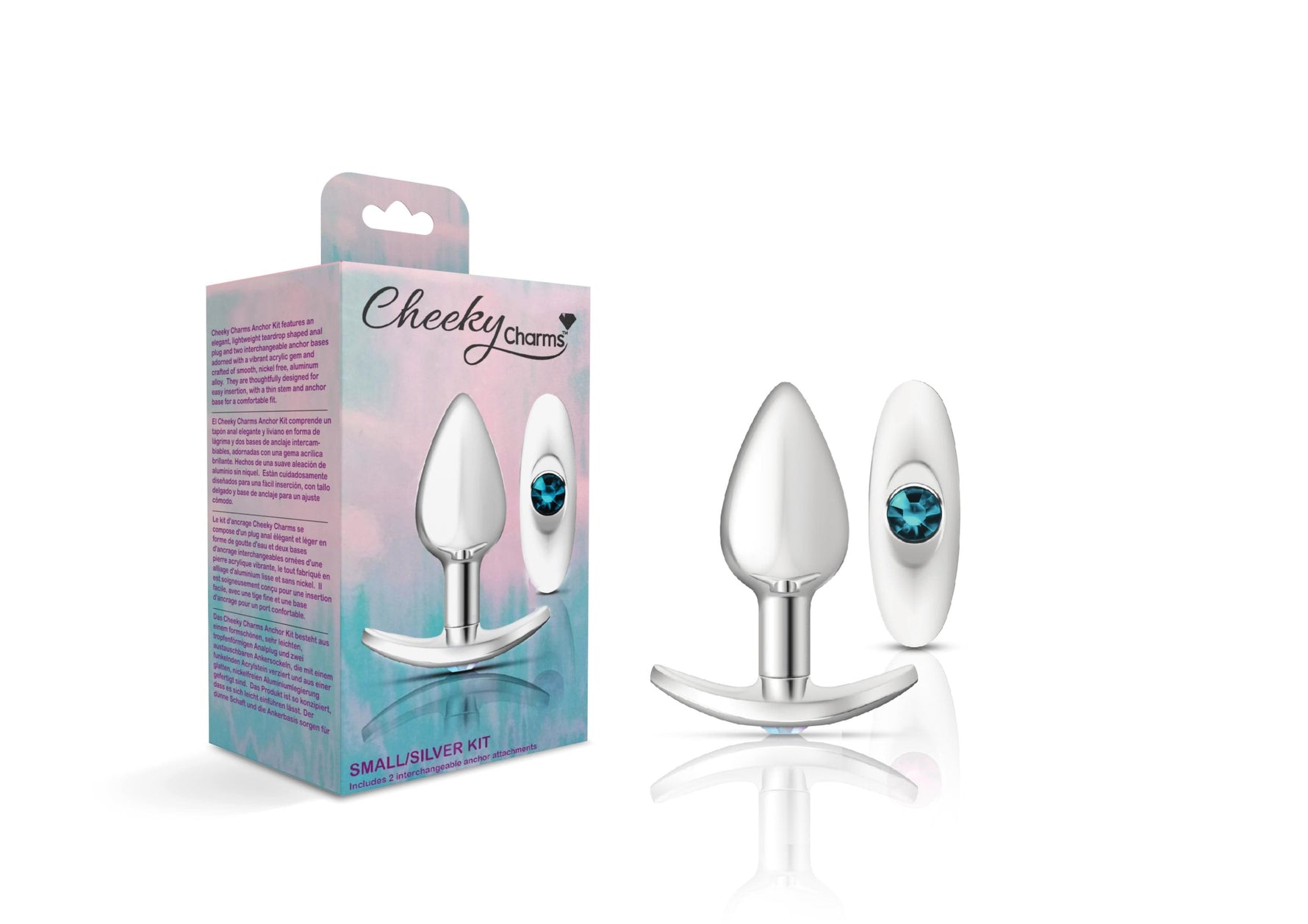 Cheeky Charms - Silver Metal Butt Plug Kit - Clear- Teal