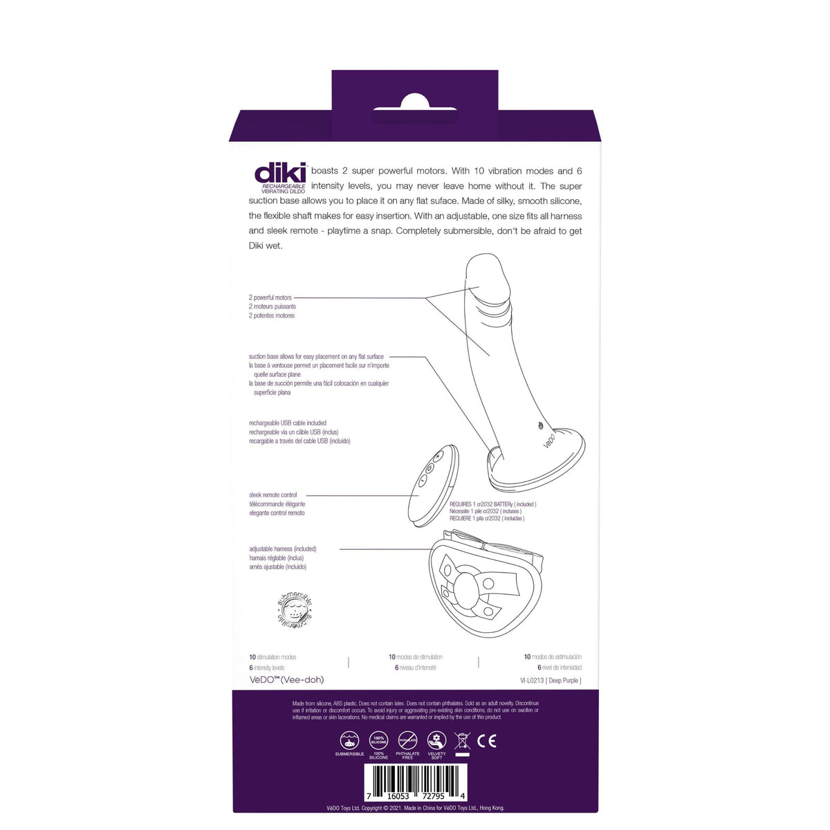 diki rechargeable vibrating dildo with harness deep purple