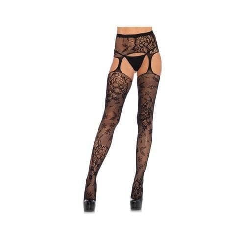 Floral Lace Stockings With Attached Waist Garterbelt - Black - One Size