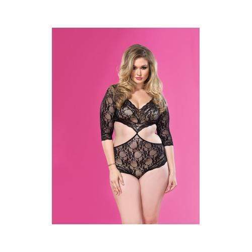 floral lace deep v teddy queen size black
