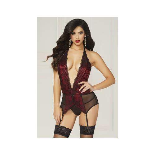 Galloon Lace & Mesh Chemise & Thong - One Size - Black